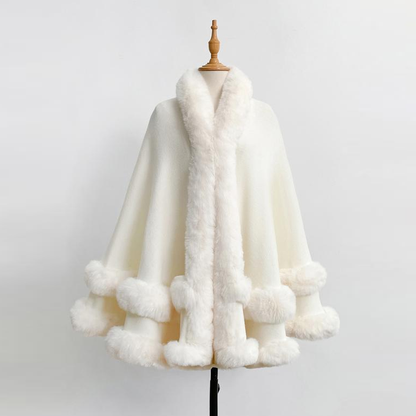 Luxury Plush Hooded Cape Shawl with Imitation Fur