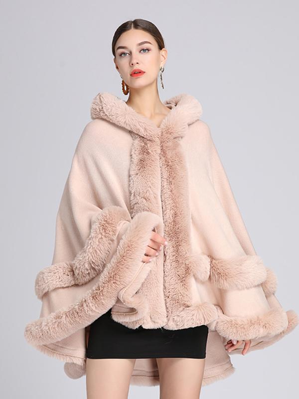 Luxury Plush Hooded Cape Shawl with Imitation Fur