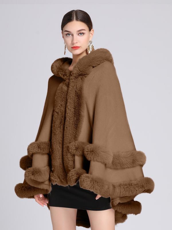 Luxury Plush Hooded Cape Shawl with Imitation Fur