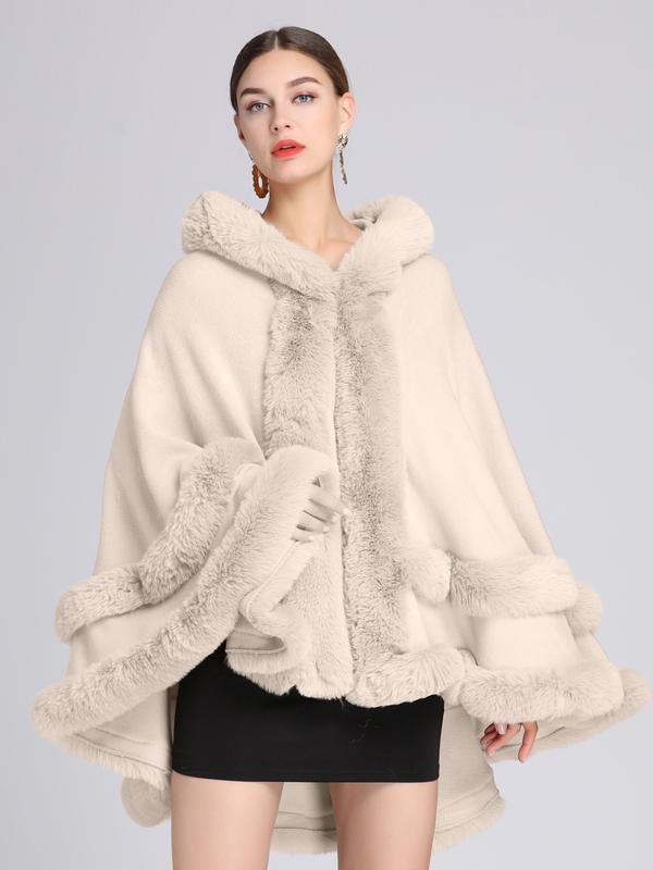 Luxury Plush Hooded Cape Shawl with Imitation Fur