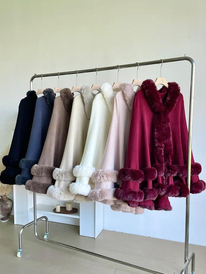 Luxury Plush Hooded Cape Shawl with Imitation Fur
