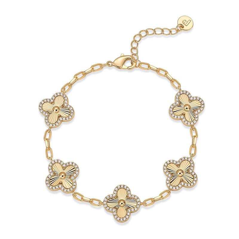 14K Gold Plated Clover Bracelet for Women with CZ Four Leaf Flower Charm