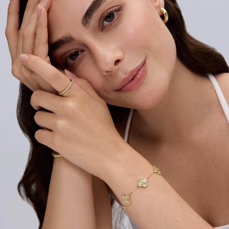 14K Gold Plated Clover Bracelet for Women with CZ Four Leaf Flower Charm