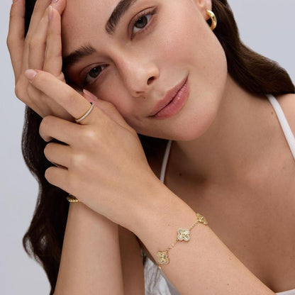 14K Gold Plated Clover Bracelet for Women with CZ Four Leaf Flower Charm